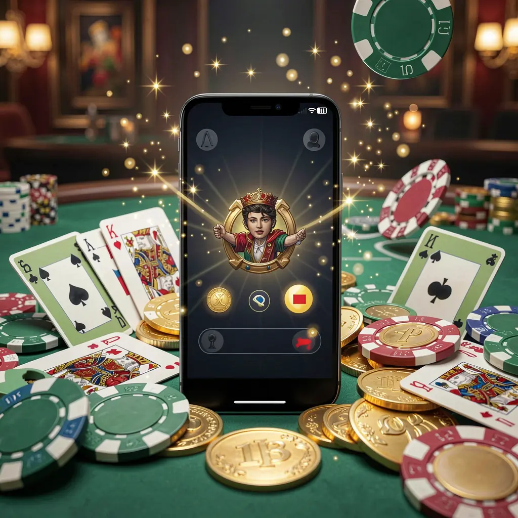 PK345 mobile gaming application concept showing a smartphone surrounded by playing cards, roulette chips, gold coins, and sparkling lights in a premium casino style