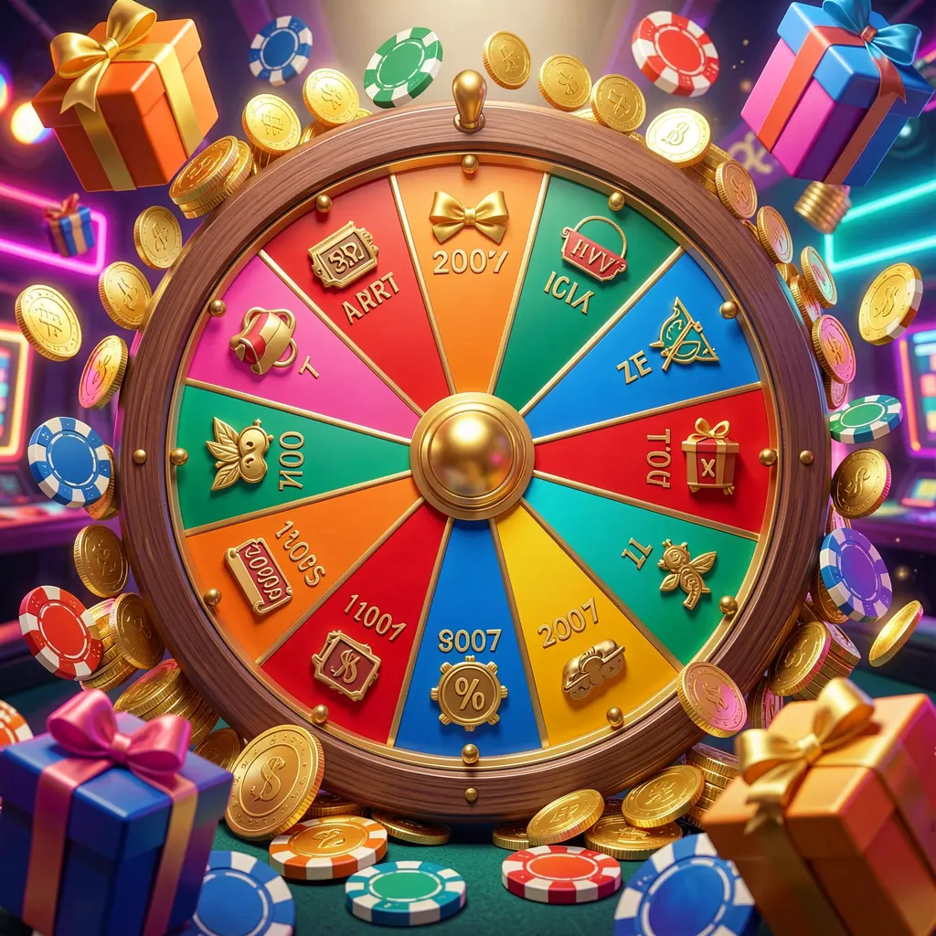 PK345 casino bonus wheel with colorful prize sections surrounded by golden coins, chips, and gift boxes under bright neon casino lights in a dynamic composition