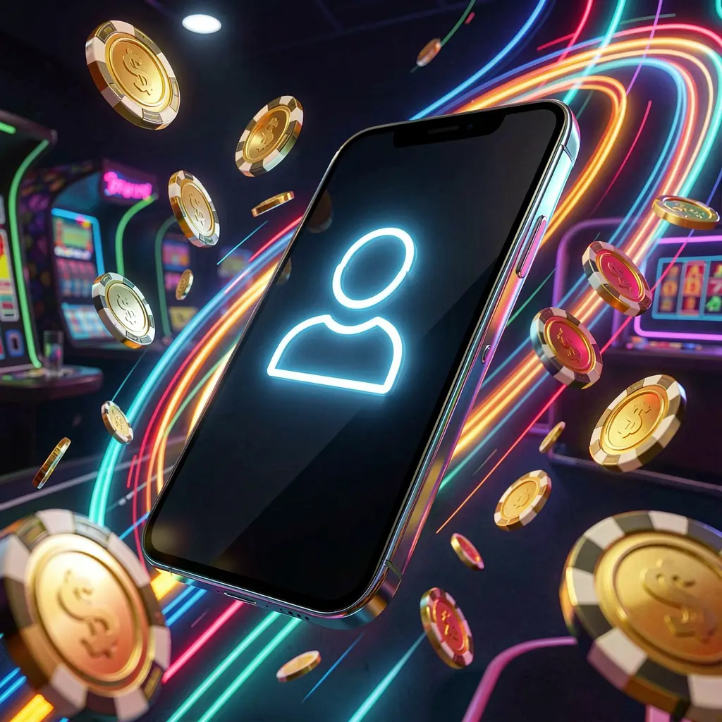 PK345 fast casino login banner featuring a smartphone with a bright user icon surrounded by speed light trails, golden coins, and chips flying around in a modern neon casino style, high detail 3D render