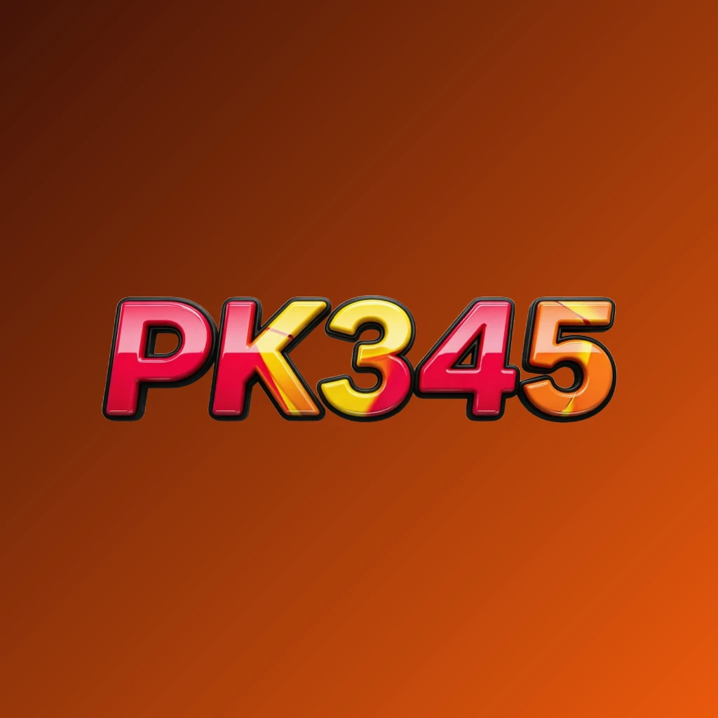 Vibrant PK345 logo with bold heavy typography in bright red, yellow, and orange colors featuring a glossy 3D effect on a transparent background, designed as a wide horizontal rectangular wordmark for a modern website header