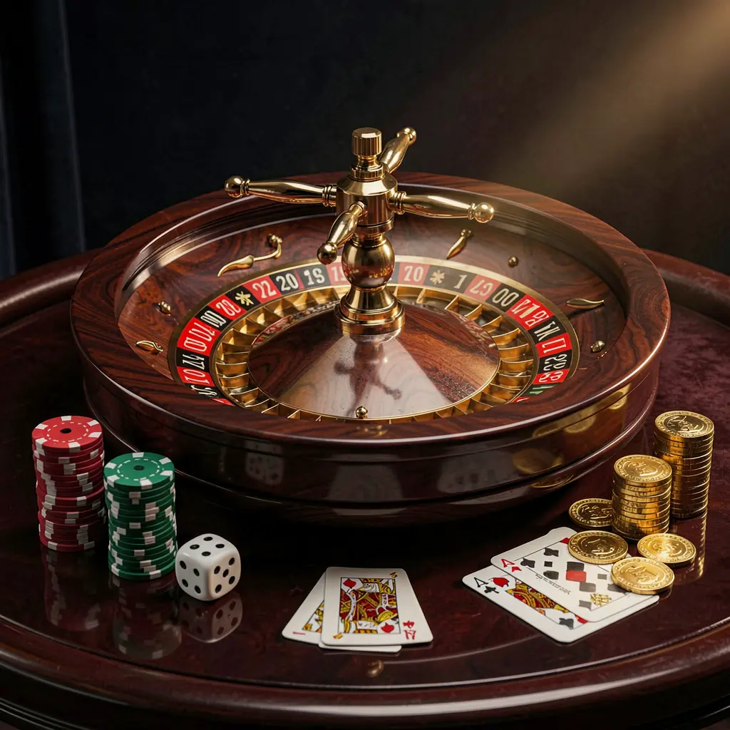 PK345 premium casino homepage scene featuring a roulette wheel spinning on a glossy table surrounded by poker chips, dice, cards, and golden coins against an elegant dark background with cinematic lighting